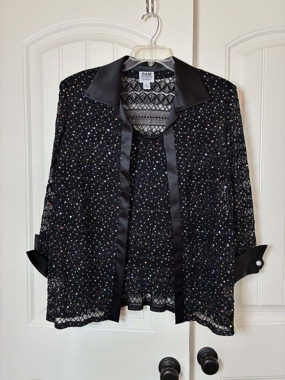 R&M Richards Women Black Sequin Rhinestone Lace Satin Trim 2Pc Jacket Set Size 1